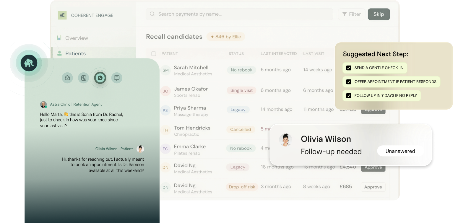 Coherent Engage patient engagement and communication software, showing automated patient recall and follow-up