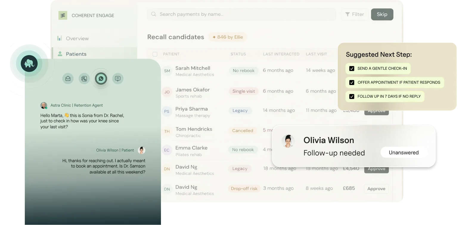 Coherent Engage patient engagement and communication software, showing automated patient recall and follow-up